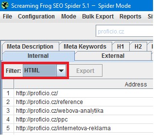 html filter screaming frog